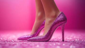 A woman is wearing a pair of pink glittery high heels. The shoes are on a pink background, which gives the image a fun and playful vibe photo