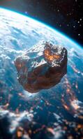 A rock is floating in space above a planet. The rock is surrounded by a bright orange glow, which suggests that it may have recently exploded. The scene is both beautiful and eerie photo