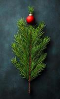 A Christmas tree with a red ornament on top. The tree is made of green branches and the ornament is a red ball photo
