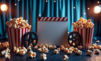 A white board with a red and white striped border sits in front of two popcorn buckets. The board is empty, but the buckets are full of popcorn photo