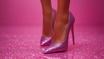 A woman is wearing a pair of pink high heels with glitter on the bottom. The image has a playful and glamorous mood, as the woman's outfit and shoes are designed to make her look elegant and stylish photo