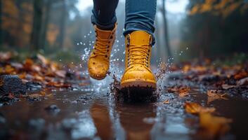 A person in yellow boots is running through a puddle of water. The boots are wet and the person is splashing water everywhere. The scene is lively and playful, with the person enjoying the moment photo