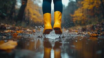 A person in yellow boots is jumping in a puddle of water. Concept of fun and playfulness, as the person is enjoying the moment and splashing water around photo