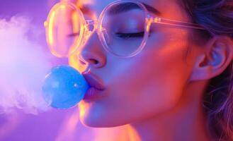 A woman is blowing bubbles with a blue bubblegum. The bubbles are floating in the air and the woman is wearing glasses. The image has a fun and playful mood, as the woman is enjoying a simple activity photo