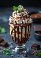 A chocolate milkshake with whipped cream and chocolate syrup drizzled on top. The milkshake is served in a clear glass and is topped with a mint leaf. Concept of indulgence and enjoyment photo
