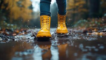 A person in yellow rain boots is walking through a puddle. The puddle is large and deep, and the water is splashing up from the boots. The scene is peaceful and calming, with the sound of the water photo