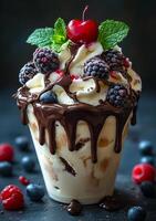 A chocolate and raspberry ice cream sundae with whipped cream and cherries on top. The dessert is served in a cup and is topped with a cherry photo