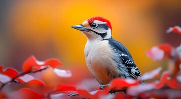 A small bird with a red head and black and white feathers is perched on a red leaf. The bird is looking to the right, and the leaf is surrounded by other red leaves. The image has a warm photo