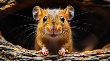 A small brown mouse is standing on a log with its head up and looking at the camera. The mouse appears to be curious and possibly excited about being in the spotlight photo