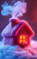 A small pink house with a chimney and a window. The house is surrounded by a cloud of smoke. Concept of comfort and warmth. Warm house photo