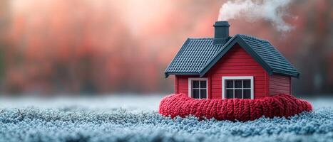 A small red house is sitting on a carpeted field. The house is surrounded by a red blanket, giving it a cozy and warm appearance. Concept of comfort and relaxation photo