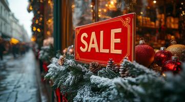 A red sign with the word Sale written on it is hanging from a Christmas tree. The sign is surrounded by a wreath of pine needles and is placed on a window sill. The scene is set in a snowy city street photo