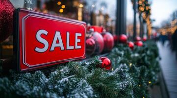 A red sign with the word Sale written on it is displayed on a Christmas tree. The sign is surrounded by red balls, which are also part of the decoration. The scene is set in a store window photo