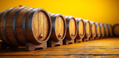 A row of wooden barrels with a red button on top of each one. The barrels are lined up on a wooden floor photo