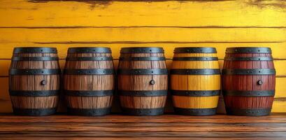 A row of wooden barrels with different colors and sizes. The barrels are arranged in a line on a wooden shelf photo