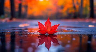 A leaf is floating on a puddle of water. The leaf is red and the water is reflecting the leaf. The scene is peaceful and serene photo