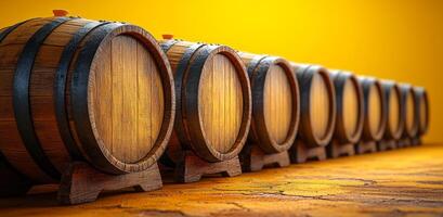 A row of wooden barrels with a yellow background. The barrels are lined up and appear to be empty photo