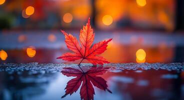 A leaf is floating on the water. The leaf is red and it is reflecting the light. The water is calm and the leaf is the only thing visible photo