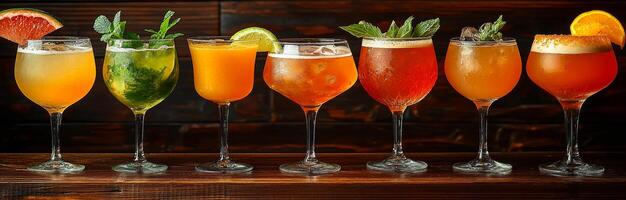 A row of glasses with different colored drinks in them. The drinks are in various shapes and sizes, and the glasses are lined up on a wooden table. Concept of variety and diversity photo