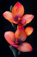 A close up of a flower with a black background. The flower is orange and has a striped pattern photo