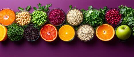 A row of bowls filled with various fruits and vegetables. The bowls are arranged in a line, with some containing oranges, apples, and other fruits, while others contain nuts, beans photo