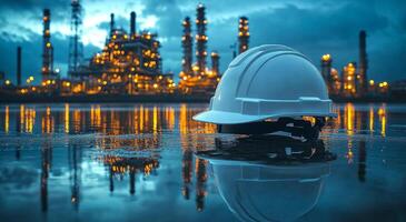 A white hard hat is floating in a body of water. The scene is set in a city with a large industrial area. The reflection of the hat in the water adds a sense of depth and perspective to the image photo