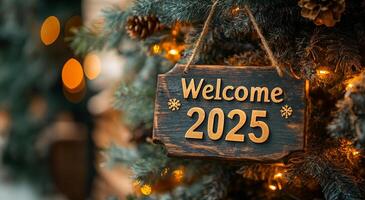 A sign hanging from a tree that says Welcome 2025. The sign is surrounded by lights, giving it a festive and welcoming atmosphere photo