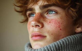 A young man with red spots on his face and blue eyes. He is wearing a gray sweater photo