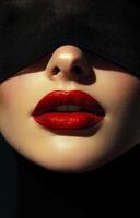 A woman with a red lip is wearing a black mask. The mask covers her face and lips, making her look mysterious and alluring photo