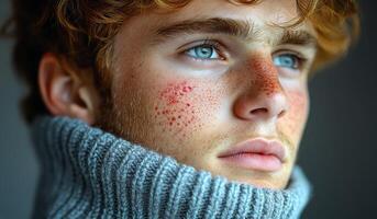 A man with a beard and red spots on his face is wearing a gray sweater. He has blue eyes and a serious expression photo