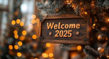 A sign that says Welcome to 2025 is hanging on a tree. The sign is surrounded by lights, creating a warm and festive atmosphere photo