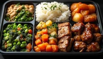 A tray of food with a variety of vegetables and meat. The vegetables include broccoli, carrots, and peas. The meat is a mix of beef and pork. The tray is black and rectangular in shape photo