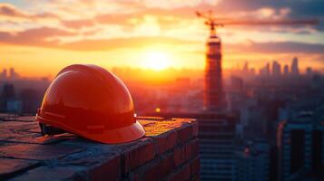 A construction worker's hard hat is sitting on a brick wall in front of a city skyline. The sun is setting, casting a warm glow over the scene. Concept of hard work and dedication photo