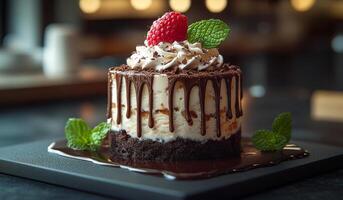 A chocolate cake with whipped cream and raspberries on top. The cake is served on a black plate photo