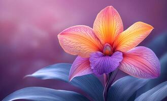 A flower with purple and orange petals is in a blue background. The flower is the main focus of the image, and the blue background adds a sense of calmness and serenity to the scene photo
