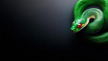 A green snake is on a black background. The snake is curled up and has red eyes photo