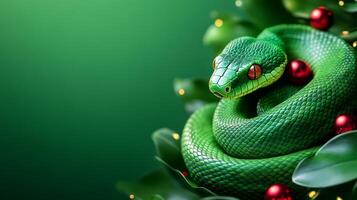 A green snake is curled up next to some red berries. The snake is surrounded by green leaves and the berries are scattered around it. The image has a festive and playful mood photo