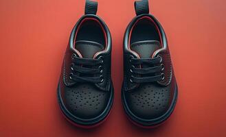 Two small black shoes with red laces are placed on a red surface. The shoes are positioned in such a way that they are almost fully visible, with their laces peeking out from under them photo