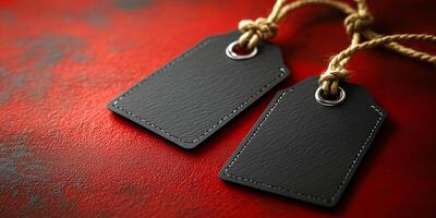 Two tags are hanging from a rope on a red background. The tags are black and have a white circle in the middle photo
