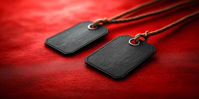 Two tags are on a red background. The tags are black and have a white lettering. The tags are hanging from a rope photo