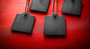 Four black tags are on a red surface. The tags are black and have a silver chain. The tags are placed in a row, with the first tag on the left and the last tag on the right photo