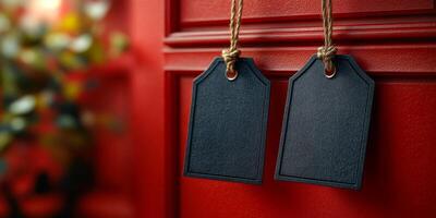 Two tags hanging from a red door. The tags are black and have no writing on them. The image has a moody and mysterious feel to it photo