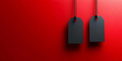 Two tags are hanging from a red background photo