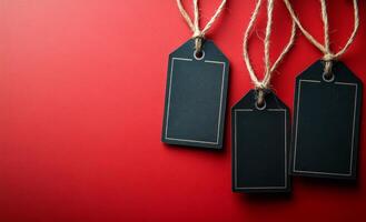 Three black tags are hanging from a red background. The tags are hanging from a string, creating a sense of movement and energy photo