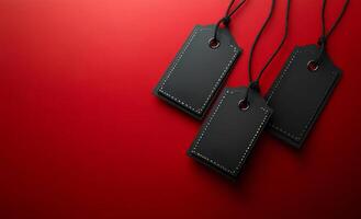 Three black tags are hanging from a red background. The tags are black and have a silver or gold design. The tags are hanging from a red background, which creates a sense of contrast photo