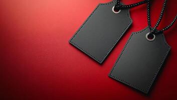 Two tags are hanging from a red background. The tags are black and have a silver loop photo