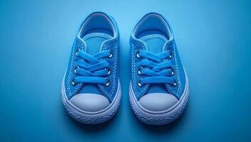 Two blue Converse sneakers are on a blue background. The sneakers are the same color and are positioned next to each other photo