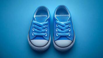Two blue Converse sneakers are shown on a blue background. The sneakers are the same color and are positioned next to each other photo