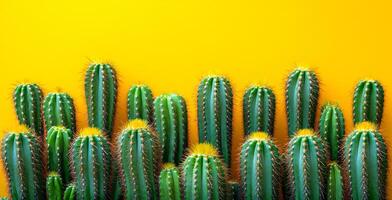 A row of cacti with yellow flowers on top. The cacti are green and have spines photo