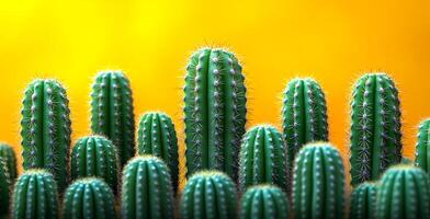 A row of cacti with spines are lined up on a yellow background. The cacti are all green and have a spiky appearance. Concept of resilience and strength photo
